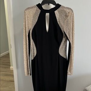 XSCAPE Elegant Black Dress with Champagne Beaded Sleeves